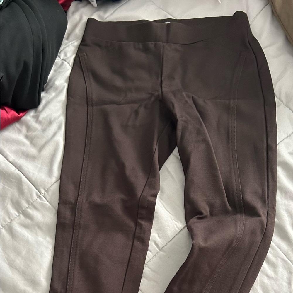 Cache Brown Women’s Stretchy Dress Pants with gold emblems on bottom